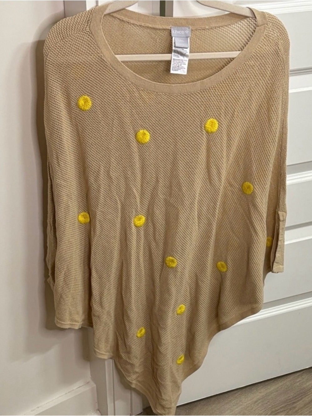 Chico's Open-Knit Pom-Pom Poncho Sweater size L/XL boho festival lagenlook comfy